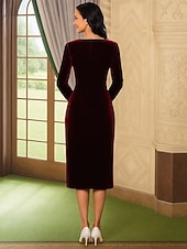baratos Comprimento do chá-Sheath Column Tea Length Party Dress Cocktail Dress Wedding Guest Dress Mother of the Bride Dress Long Sleeve V Neck Elegant Vintage Formal Formal Evening Wedding Party with Crystals