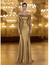 cheap Mermaid Evening Dresses-Mermaid / Trumpet Floor Length Prom Dresses Evening Gown Ball Gown Formal Dress Elegant Vintage 3/4 Length Sleeve Off Shoulder Formal Wedding Sequined with Ruched Sequin Slit