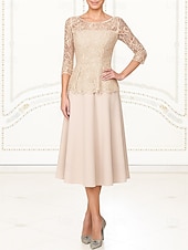  A-Linie Tee-Längen-Partykleid Cocktailkleid Hochzeitsgastkleid Brautmutterkleid 3/4-Ärmel Crew-Ausschnitt elegant vintage formell Spitze mit Spitze