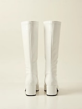 halpa Alustansa saappaat-naisten valkoiset patentoidut polvikorkeat alustasaappaat sivussa vetoketjulla - vintage 70-luvun diskotyyliset paksut korkokengät cosplay-, retro-muotiin ja tapahtumiin