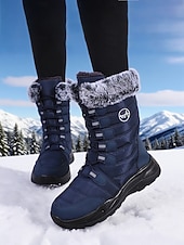 economico Stivali di neve e inverno-stivali da neve invernali da donna a metà polpaccio color bordeaux con finiture in pelliccia sintetica, stivali da esterno impermeabili e isolanti per escursionismo e sci &amp;tempo freddo