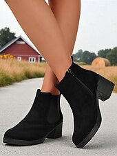 baratos Botas de tornozelo-Botas femininas vermelhas com zíper no tornozelo - botas estilosas de salto grosso em camurça sintética para o Natal, escritório e passeios casuais