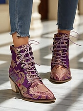  Bottines à lacets en jacquard violet pour femme, ornées de broderies florales et dotées d'un petit talon bloc – bottines de style baroque vintage, parfaites pour les festivals et les soirées Gatsby.