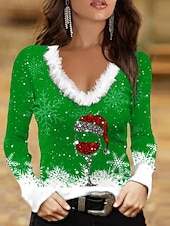 olcso Karácsonyi felsők-Karácsonyi Női Blúz Grafikus Boros Pohár Hétköznapi Hosszú Ujjú V Nyak Szabványos Felsők Mindennapi Foltvarrásos Nyomás Fekete Világos Zöld Piros Kék Ősz Tél
