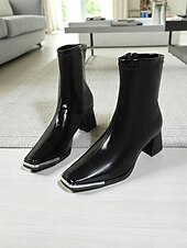 abordables Bottines-Bottines en similicuir verni noir pour femme, bout carré et talons compensés, bottines chics et modernes pour tenues décontractées et tenues de bureau &amp;soirée