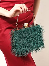 tanie Torby i torebki-Damska torebka na imprezę świąteczną – elegancka wieczorowa torebka z piórami w kolorze czerwonym i zielonym, ze złotym uchwytem i perłowym zapięciem – świąteczny prezent dla kobiety – szykowny, świąteczny styl na uroczystości bożonarodzeniowe
