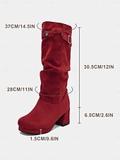 cheap Fashion Boots-Women's Red Suede Slouch Boots with Buckle Detail, Chunky Block Heel, Stylish and Comfortable, Perfect for Winter, Christmas and Casual Occasions