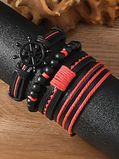 levne Pánské šperky-Pánská sada náramků z umělé kůže, červeno-černé tkané náramky s detaily zlého oka a korálků, stylové na Vánoce, různé vzory