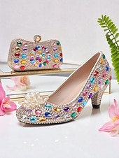 preiswerte Klassische Pumps-Damen-Set aus Strass-Pumps und Clutch mit mehrfarbigen Kristallverzierungen – elegante passende Schuhe und Handtasche für formelle Anlässe und Cocktailpartys