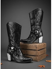 economico Stivali da cowboy e occidentali-Stivali da cowboy western da donna con ricami a fiamma - stivali gotici neri e marroni con tacco grosso a metà polpaccio per Halloween, festival musicali e abiti da rodeo