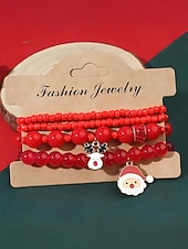 Недорогие Рождественские аксессуары-Женский рождественский браслет из бисера с подвесками в виде Санты, оленей и снеговика, красно-зеленые эластичные браслеты с жемчугом, праздничный подарок на праздник для нее