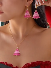 お買い得  レディースネックレス-女性用ピンクのクリスマスツリージュエリーセット、ゴールドトーンのエナメルネックレスとイヤリング、冬のパーティーやギフトに最適なホリデーアクセサリー &amp;衣装