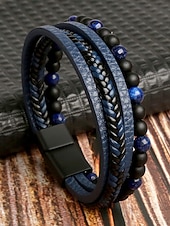 cheap Men&#039;s Jewelry-Men&#039;s Alloy Faux Leather Beaded Bracelet Set, Multi-Layer Braided Wristband with Magnetic Clasp, Fashion Punk Jewelry for Casual, Party &amp; Gift