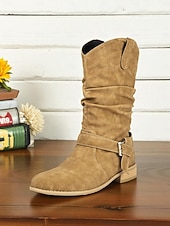 abordables Botas holgadas-Botas holgadas de mujer en marrón oscuro con hebilla: botines informales de tacón bajo para uso diario.