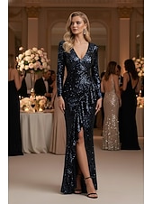 levne Mořská panna večerní šaty-Mořská panna Pouzdrové Na zem Šaty Večerní šaty Plesové Formální šaty Elegantní Třpytivé Styl celebrit Dlouhý rukáv Do V Formální Svatební Flitry s Třpytky Flitry Volány