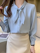 preiswerte Schicke Blusen-Damen Hemd Elegant Satin-Top Bluse Schleife Einfach Stilvoll Langarm Rundhalsausschnitt Normale Oberteile Ferien Ausgehen Blau Weiß Frühling Herbst