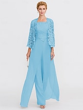 abordables Combinaisons pour maman-Pantalon de mariage de plage 3 pièces mère de la mariée invité de mariage élégant taille plus décolleté carré longueur de sol en chiffon dentelle cordée sans manches enveloppe incluse avec appliqués