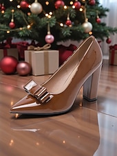 abordables Escarpins à talon bloc-Escarpins à bout pointu en cuir verni vert pour femme, ornés d'un nœud - chaussures élégantes pour les fêtes de fin d'année