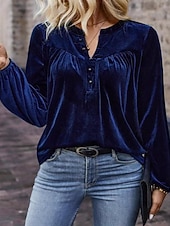 billiga Enkla blusar-Dam Sammet Elegant Blus Knappar Ensfärgat Slät Elegant Stylish Ledigt Långärmad V-hals Vanliga toppar Dagligen Helgdag Utekväll Blå Brun Vår Höst