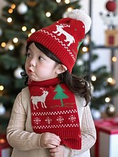 economico Accessori di Natale-Set di cappello e sciarpa natalizi per bambini, in morbida maglia con motivi di renne e alberi, caldi accessori invernali per bambini e bambine, perfetti per le feste e le celebrazioni natalizie