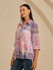 abordables chemises, hauts et chemisiers-Chemisier femme violet clair bohème combinaison imprimé col chemise devant fausse patte décontracté vacances voyage printemps automne