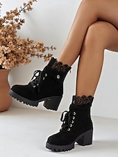 preiswerte Stiefeletten-Braune Damenstiefeletten zum Schnüren mit dickem Absatz und Häkelbesatz, modische Stiefeletten aus Wildlederimitat im Vintage-Stil für lässige Outfits und Outdoor-Events