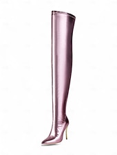 economico Stivali alla moda-stivali alti fino alla coscia in argento da donna - stivali con tacco alto sopra il ginocchio in metallo lucido, calzature sexy da festa e da discoteca per la sera &amp;eventi festivi