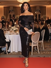 billiga Cocktailklänningar-Sjöjungfru trumpet Telång Cocktailklänningar Festklänningar Elegant Ärmlös Över axeln Trädgårdsfest Bröllop Paljetter med Plisserat