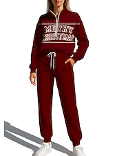 baratos Fatos de treino-Natal Mulheres Moletom Suéter Roupa de corrida Com Cordão Zíper Jaquetas e Calças Para Esporte Conjunto de roupa atlética Conjuntos Primavera Vinho Azul Marinho Escuro Casual Exercite-se Exterior