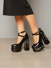 economico Scarpe Mary Jane-Scarpe con tacco alto e plateau in stile gotico anni '80 da donna – Mary Jane spesse in vernice nera con punte e dettagli con fibbia per Halloween, feste e serate fuori