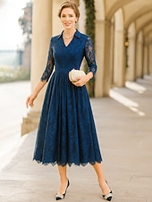 preiswerte Knöchellänge-A-Linie Tee-Länge Partykleid Cocktailkleid Kleid für Hochzeitsgäste Brautmutterkleid Dreiviertelarm V Ausschnitt Elegant Formell Formeller Abend Hochzeitsfeier Tüll mit Spitze