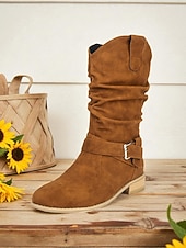 abordables Botas holgadas-Botas holgadas de mujer en marrón oscuro con hebilla: botines informales de tacón bajo para uso diario.