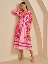 Długa sukienka damska z tkaniny wiskozowej z dekoltem w serek, elastycznym pasem, marszczeniem, odpinanym paskiem, prześwitującym szyfonem, rękawami z panelami, różowo-czerwonym wzorem kwiatowym, tanie sukienka na co dzień-Długa sukienka damska z tkaniny wiskozowej z dekoltem w serek, elastycznym pasem, marszczeniem, odpinanym paskiem, prześwitującym szyfonem, rękawami z panelami, różowo-czerwonym wzorem kwiatowym,