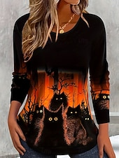 cheap Skull &amp; Bone Tee-Women&#039;s T shirt Pumpkin Graphic Cat Vintage Stylish Classic Long Sleeve Crew Neck Regular Tops Daily Print Orange Spring Fall Winter