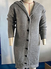 abordables Cárdigans y prendas de abrigo-Mujer Pulóveres Cárdigan Elegante Moda Ropa de calle Color sólido Con Capucha Retazos Botones De Punto Manga Larga Tops largos Tejer Exterior Diario Noche Negro Amarillo Otoño Invierno