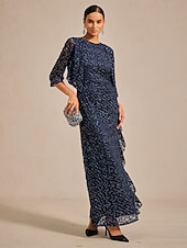 billige Blonder topper-Dame Blondeskjorte Paljetter Blonde Elegant 3/4 ermer V-hals Aftenselskap Bryllupsgjest Navyblå Sommer Vår Høst Vinter