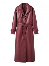 billiga Jackor i konstläder-Dam Imitationsläderjacka Trenchcoat Håller värmen Bekväm Ficka Knappar Mode Slät Formell Utomhus Semester Ledigt Lång Nedvikt Normal Långärmad Ytterkläder Svart Mörkröd Höst Vinter
