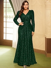 A-Linie Brautmutterkleid Elegant Vintage Übergröße V Ausschnitt Bodenlang Paillettenbesetzt Langarm mit Paillette preiswerte Bodenlänge-A-Linie Brautmutterkleid Elegant Vintage Übergröße V Ausschnitt Bodenlang Paillettenbesetzt Langarm mit Paillette