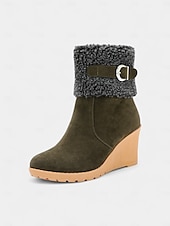 economico Stivali di neve e inverno-stivali da donna con zeppa e risvolto peloso, in pelle scamosciata marrone con cerniera e fibbia, stivali invernali caldi e comodi per il freddo, uscite informali e feste