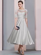 رخيصةأون طول الكاحل-A-الخط طول الساق فستان الحفلة فستان كوكتيل فستان زفاف ضيف فستان أم العروس نصف كم رقبة سكوب أنيق عتيق ضيف حفل زفاف ساتان دانتيل مع روش زينة