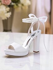 abordables Demoiselle d&amp;#39;honneur-Escarpins à plateforme en satin rose pour femme avec bride cheville en perles et nœud - sandales élégantes à talons hauts pour cocktails et événements formels