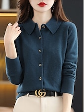 ieftine Cardigan simplu-Pentru femei Pulover Casual Culoare solidă Guler Cămașă Nasturi Manșon Lung Topuri obișnuite Tricotat Casă Zilnic Concediu Negru Alb Toamnă Iarnă