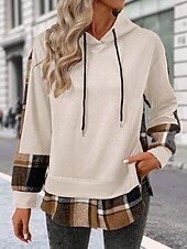 cheap Graphic shop Sweatshirts &amp; Hoodies-Women&#039;s Pullover Hoodie Sweatshirt Plaid Vintage Casual Long Sleeve Hooded Regular Tops Street Casual Sports Drawstring Patchwork Pink Army Green Dark Gray Beige Coffee Fall Winter