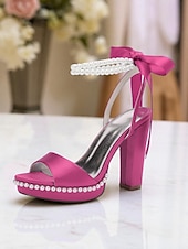 abordables Demoiselle d&amp;#39;honneur-Escarpins à plateforme en satin rose pour femme avec bride cheville en perles et nœud - sandales élégantes à talons hauts pour cocktails et événements formels