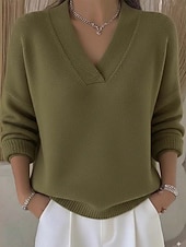cheap Plain Pullover-Women&#039;s Sweater Elegant Fashion Cute Solid Color Ribbed V Neck Knitted Braided Long Sleeve Regular Tops Knit Formal Outdoor Home Wine Red Pink Spring Fall