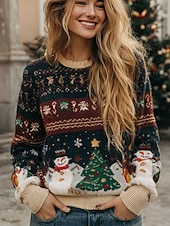voordelige Kersttruien-Kerst Vrouwen Sweater Mode Casual Grafisch Crew Neck Gebreid Lange Mouwen Regular Tops Brei Werk Khaki Herfst Winter