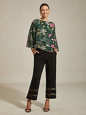 billiga skjortor, toppar och blusar-damblus transparent chiffong grön blommig tryck halvärmad rund hals lager-på-lager pullover casual elegant vår sommar höst