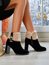 رخيصةأون أحذية الموضة-حذاء نسائي بكعب من الجلد المدبوغ باللون الأخضر مع أطراف من الفرو الصناعي، كعب سميك عصري، مثالي لقضاء العطلات الشتوية وحفلات الكريسماس والمناسبات الاحتفالية