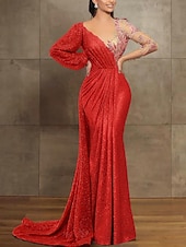 economico Abiti da ballo-Sirena Tromba Strascico da Corte Abito da Sera Abito da ballo con sopragonna Abito formale Elegante Manica Lunga Scollo Illusione Formale Con Paillettes con Pieghe Paillettes