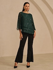 preiswerte Hemden, Tops und Blusen-Damenbluse Rundhals Strukturierter Chiffon Burnout Stoff Dreiviertelärmel Ausgestellter Saum Lagensaum Elegant Party Urlaub